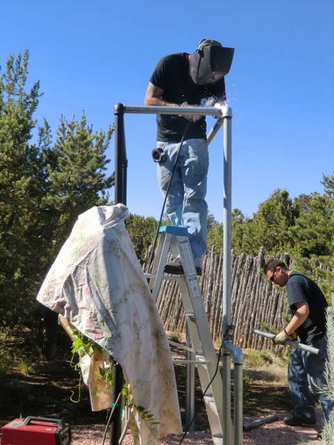 Weld connecting braces/supports between original and addition.  Drop cloth keeps sparks off of plants